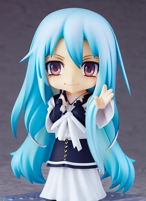 Prompt: nendoroid anime beautiful female witch, very long blue hair, detailed green eyes, pretty symmetrical face, fullbody, white robes blue skirt, anime, nendoroid,