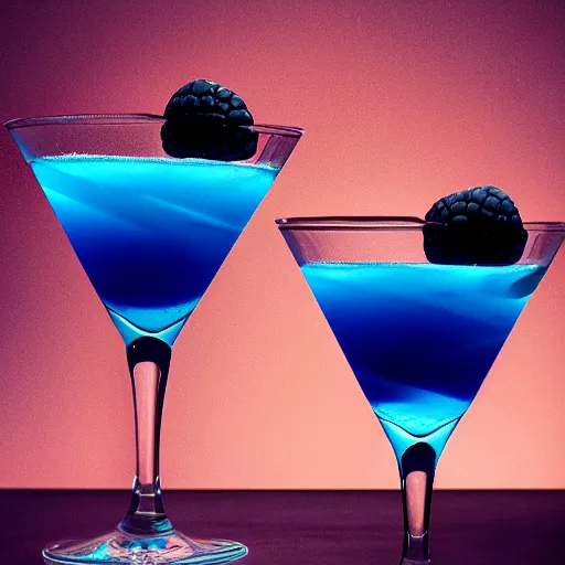 Prompt: a blue cocktail with raspberries and a caustics effect, professional food photography