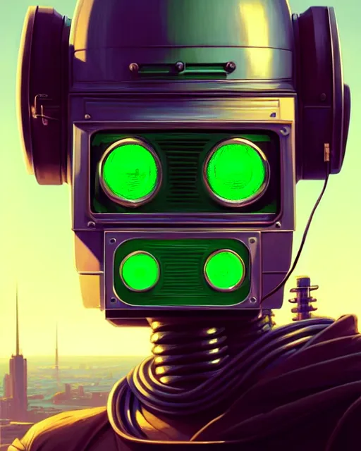 Prompt: hyper - realistic portrait of a vintage robot with green eyes, gta v cover art, celshading, sharp focus, intricate, detailed, by rhads, andreas rocha, makoto shinkai, lois van baarle, ilya kuvshinov and greg rutkowski, by greg rutkowski, dynamic lighting, sharp focus, grunge aesthetic, 1 6 k