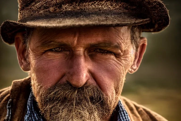 Prompt: a cinematic headshot portrait of a farmer, stood outside a wooden cabin, ultra realistic, dramatic lighting, by mike campau and annie leibovitz