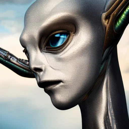 Image similar to A young beautiful female extraterrestrial-cyborg face with a very long neck, big clear eyes, thin nose, big lips, hair floating in the wind:: alien is from the future, Realistic, Refined, Detailed Digital Art, Pre-Raphaelite,Renaissance, Highly Detailed, Cinematic Lighting, rim light, black and white, photo-realistic Unreal Engine, 8K