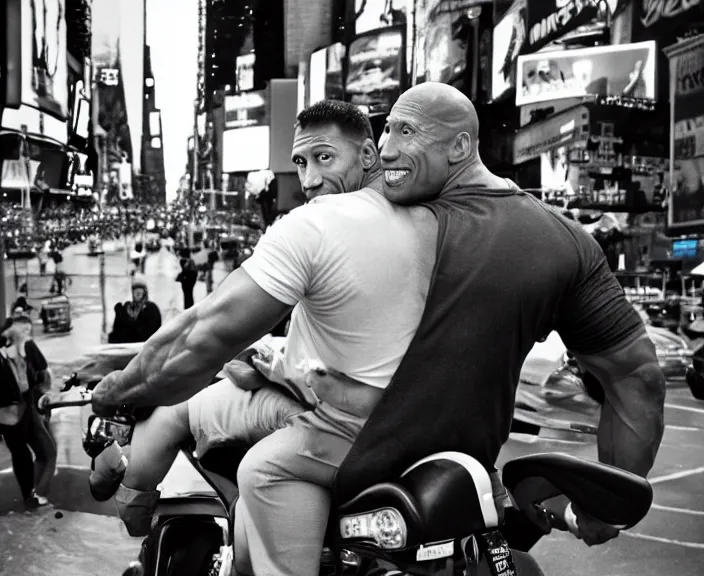 Image similar to Dwayne the Rock Johnson riding on the back of Adam Sandler, doing Methamphetamine at Times Square, photograph by Alfred Eisenstaedt, 4K, dramatic lighting; 4K 8K