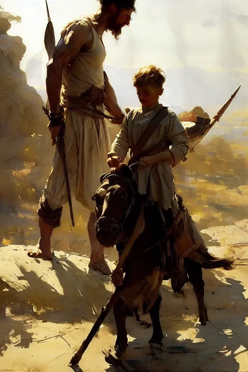 Image similar to portrait david and goliath by anders zorn, wonderful masterpiece by greg rutkowski, beautiful cinematic light, american romanticism by greg manchess, jessica rossier