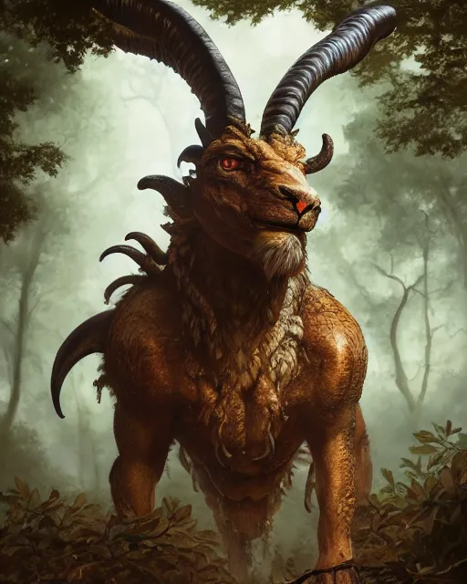 Prompt: oil painting of a Anthropomorphized chimaera with goat head, snake head, lion head, sharp focus, heroic pose, fantasy style, octane render, volumetric lighting, 8k high definition, by greg rutkowski, highly detailed, trending on art Station, magic the gathering artwork, Woodland background, centered, symmetrical, tarot card art