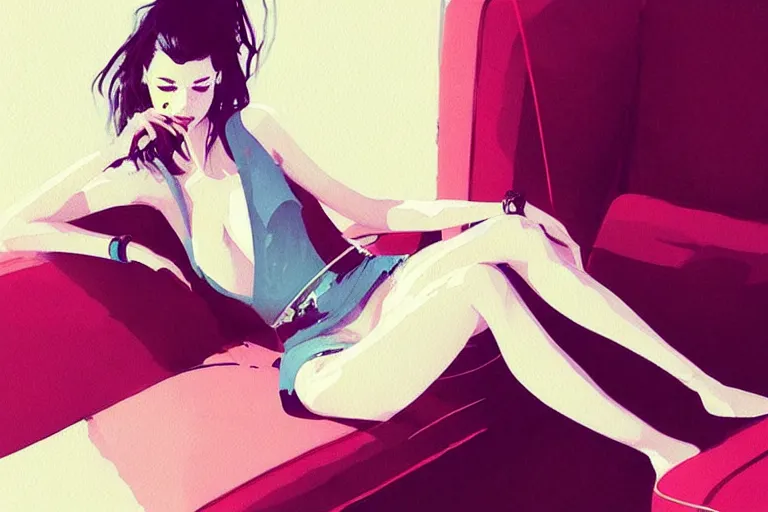 Image similar to a ultradetailed beautiful painting of a stylish woman sitting on a couch, by conrad roset, greg rutkowski and makoto shinkai trending on artstation