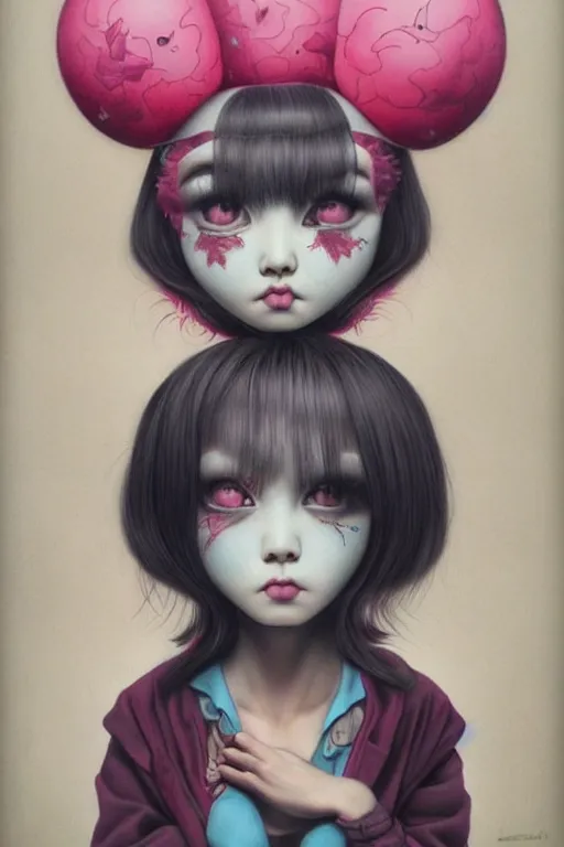 Image similar to pop surrealism, lowbrow art, realistic cute girl painting, japanese street fashion, hyper realism, muted colors, mark ryden, trevor brown style