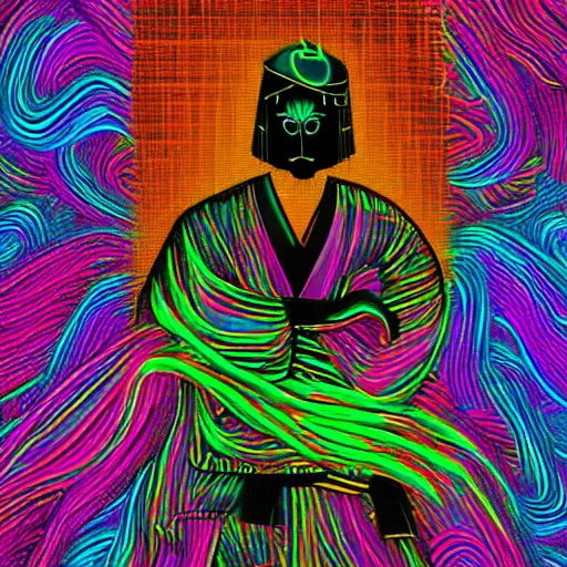 Image similar to neon rainbow samurai ghost of the rain, illustration, glitchart