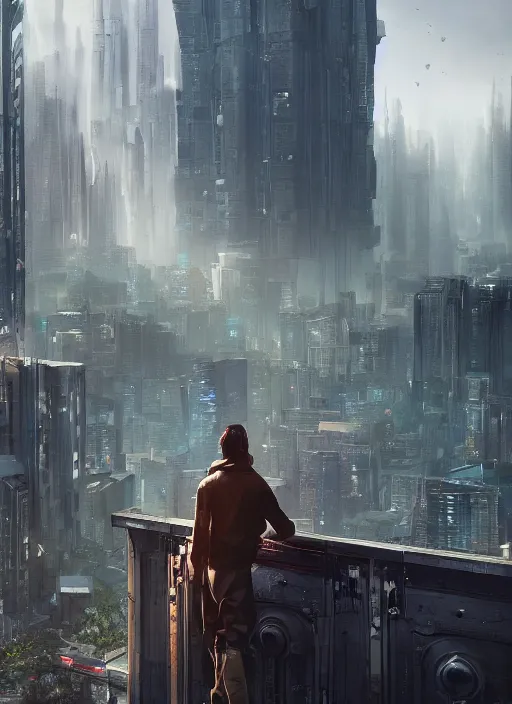 Prompt: alone person facing the desperate call of the void, futuristic cityscape, unreal 5 render, vivid colors, high detail, clear weather, studio ghibli, history painting, digital art, octane render, beautiful composition, trending on artstation, award - winning photograph, masterpiece