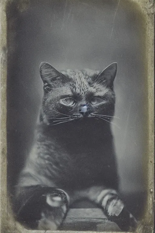 Prompt: a wet plate photo of an anthropomorphic cat king