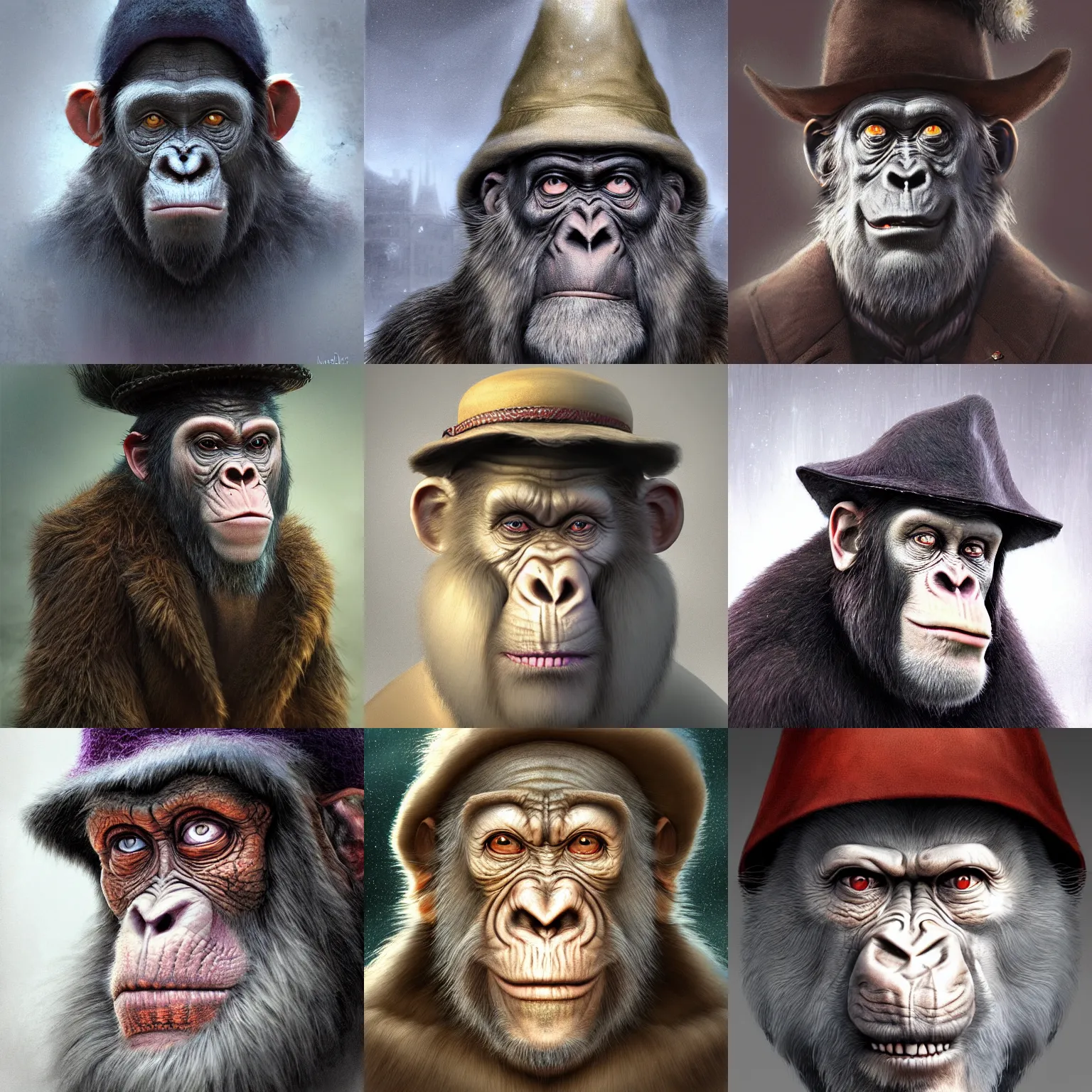 Image similar to a wlop 3 d render of very very very very highly detailed beautiful mystic portrait of a horror phantom'ape mage'with stylish hat and frosty background by anton pieck, intricate, extremely detailed, digital painting, artstation, concept art, smooth, sharp focus, illustration, intimidating lighting, incredible art,