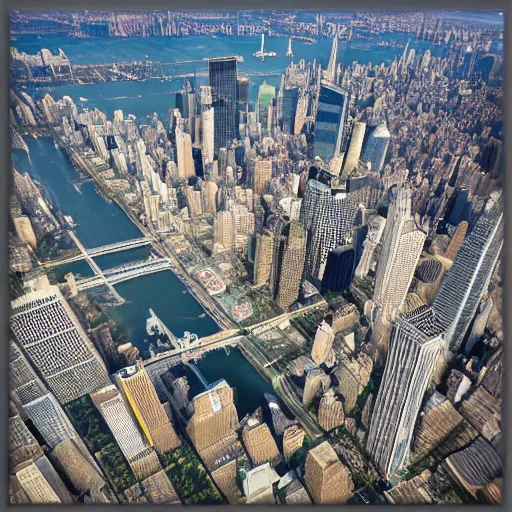 Image similar to a ball shaped bird over manhatten 3d 8k photo