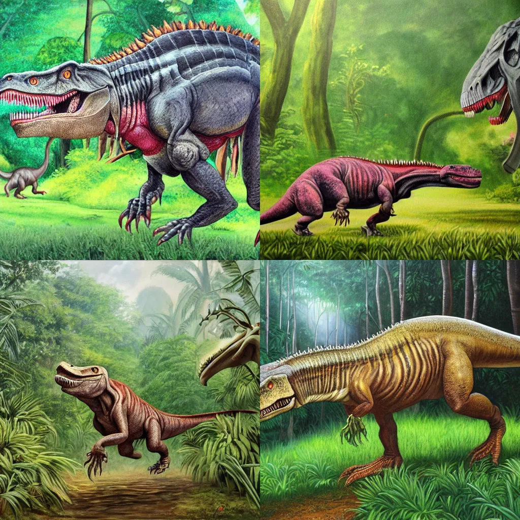 Prompt: a detailed painting of a tyrannosaurus rex dinosaur walking through a lush prehistoric forest, walking with dinosaurs, Jurassic Park