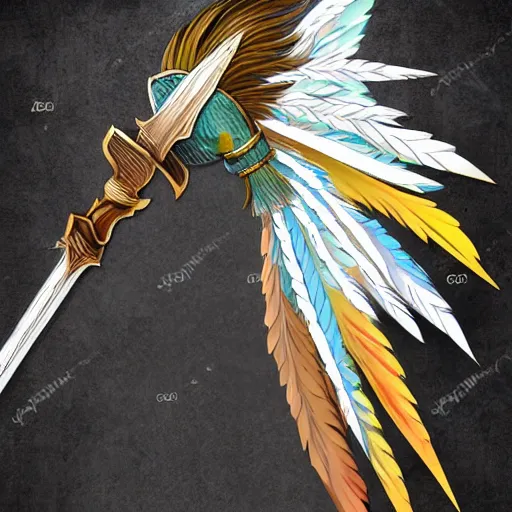 Image similar to medieval weapon, long spear with feathered wings on the tip, prismatic, multi colored feathers, anime style, white background, full body shot