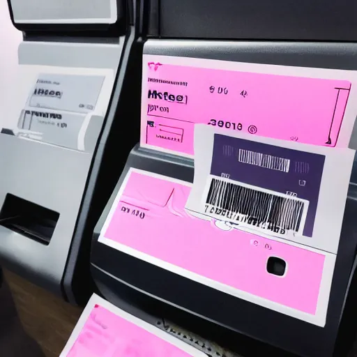 Image similar to a filmic polaroid photo of tickets printing from a ticket machine with symbols, vector graphic design of pale pink airline tickets that read “ to the metaverse ” in bold text, alien ar code and e - ink display, highly detailed, no noise, coherent text english characters