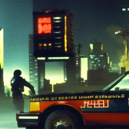 Image similar to Environment = Detroit 1987, only one cop part man part machine can stand up to crime - Cyborg Cop, Character = Cyborg Cop who is a cybernetic organism part human part machine, all justice, Style = Ultra Realistic, VHS film, Total Recall, Das Boot, Starship Troopers, cinematography by Jost Vacano, Composure = Establishing shot, Exterior Shot, Cinematic Film, 4k