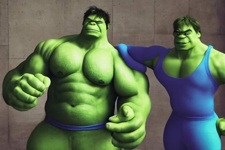 Image similar to the hulk and shrek doing yoga poses in the morning, produced in surreal sweatshop under fluorescent dominion, advanced, photorealistic, realistic, dramatic lighting, fantastic reality, by michelangelo, 8 k resolution