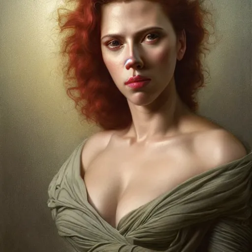 Image similar to highly detailed oil painting | very intricate | cinematic lighting | award - winning | portrait of scarlett johansson | by roberto ferri, by tom bagshaw, by j. c. leyendecker and klimt, american romanticism, by austin osman spare, artstation, cgsociety, official art, octane