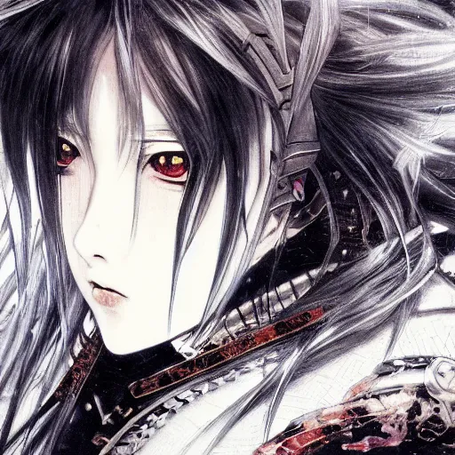 Image similar to Yoshitaka Amano realistic illustration of an anime girl with black eyes, wavy white hair fluttering in the wind and cracks on her face wearing Elden ring armour with engraving, abstract black and white patterns on the background, noisy film grain effect, highly detailed, Renaissance oil painting, weird portrait angle, blurred lost edges, three quarter view