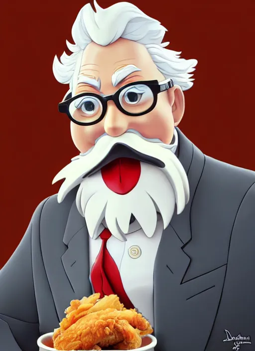 Image similar to cute colonel sanders eating fried chicken, natural lighting, path traced, highly detailed, high quality, digital painting, by don bluth and ross tran and studio ghibli and alphonse mucha, artgerm