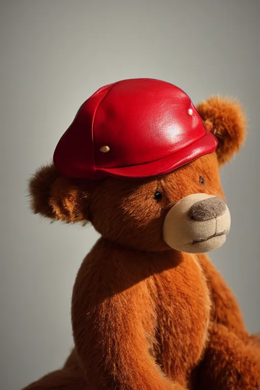 Prompt: vintage analog product photography of a polished leather teddybear, 70s design, bright red hat, studio lighting, film grain, lensflare, color bleed, glare