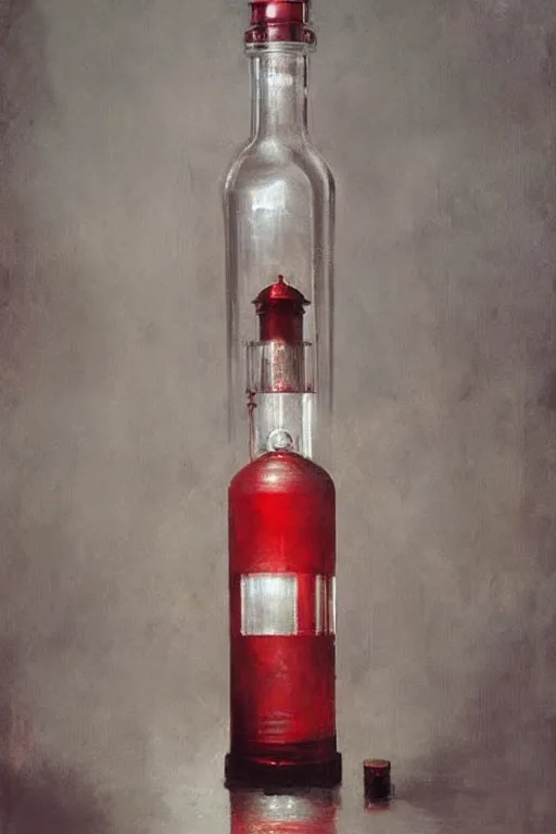 Image similar to a red and white lighthouse inside a clear bottle, very fancy whiskey bottle, intricate concept painting by by artgerm and greg rutkowski and edgar maxence and ruan jia