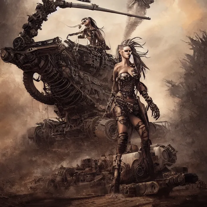 Prompt: beautiful apocalyptic woman with mohawk, standing on mad max panzer tank, hyper-detailed, smooth, sharp focus, 4k ultra hd, fantasy dark art, tank girl, artgerm, artstation, octane render, elegant, detailed digital painting, apocalyptic art, Peter mohrbacher, unreal engine, depth map