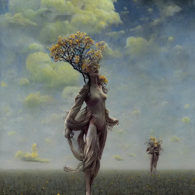 Image similar to A woman wearing clothes made out of thunder clouds and flowers, people floating in the sky, apocalypse, yellow skin, Masterpiece, glowing, wires everywhere, by Edgar Maxence and Ross Tran, Zdzisław Beksiński, and Michael Whelan, distant, gustav dore, H.R. Giger, 8k, octane render