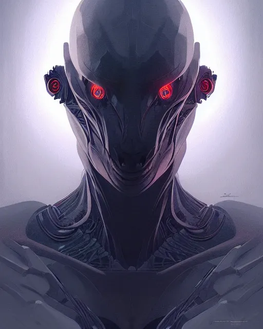 Image similar to professional concept art portrait of a predatory robotic species in a dark room by artgerm and greg rutkowski. an intricate, elegant, highly detailed digital painting, concept art, smooth, sharp focus, illustration, in the style of cam sykes, wayne barlowe, igor kieryluk.