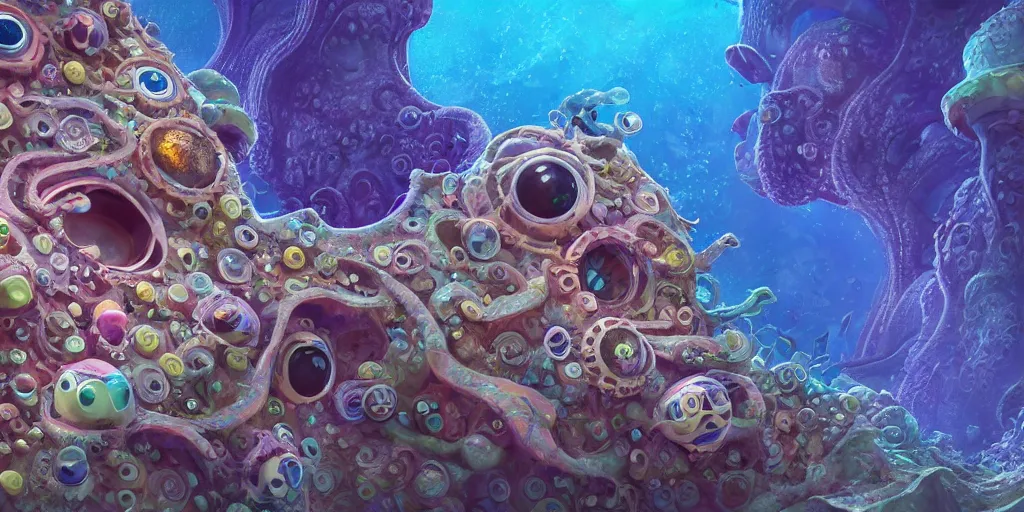 Image similar to of an intricate sea reef with strange cute friendly happy creatures with huge eyes, mouth, long tongue, round teeth and goofy face, appearing from the background, in the style of gehry and gaudi, macro lens, shallow depth of field, ultra detailed, digital painting, trending artstation, concept art, illustration, cinematic lighting, photorealism, epic, octane render