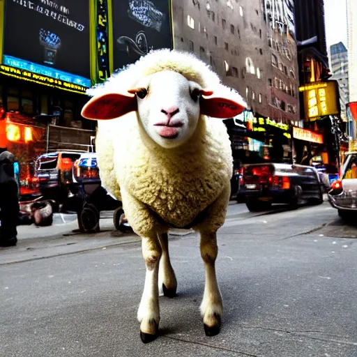 Prompt: sheep from 'Sheep in the Big City' drinking a beer. New York City.