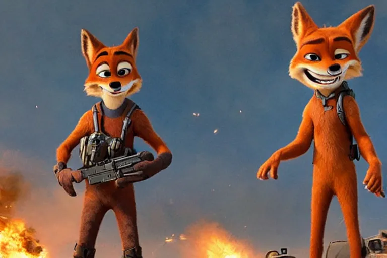 Image similar to nick wilde ( from zootopia ), heavily armed and armored facing down armageddon in a dark and gritty reboot from the makers of mad max : fury road