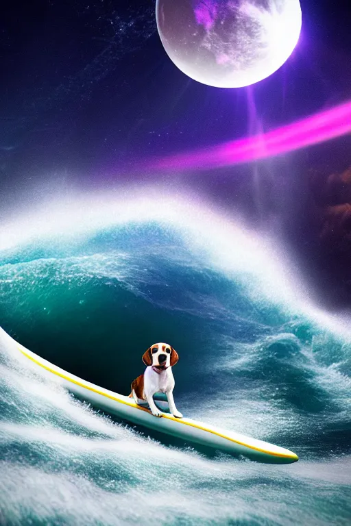 Image similar to beagle dog surfing a surfboard on a sparkly crashing wave of stardust in space, background is a moon in nebula, octane render, unreal engine, wide view, 8 k, highdetaild