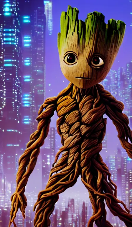 Image similar to anime fine details portrait of Groot in front of cyberpunk moder city landscape on the background deep bokeh, close-up view, anime masterpiece by Studio Ghibli. 8k, sharp high quality anime, artstation