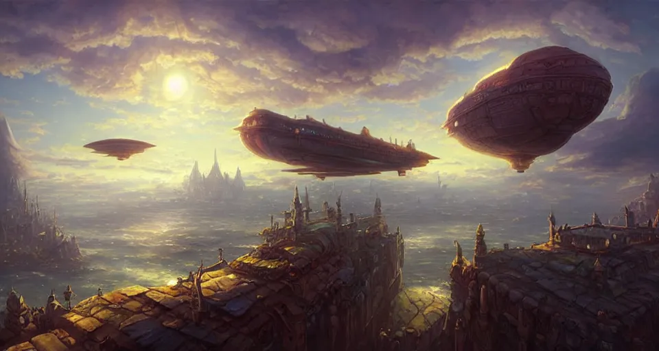 Image similar to landscape an ancient floating fantasy city in the sky and an singular fantasy airship flying towards it andreas rocha
