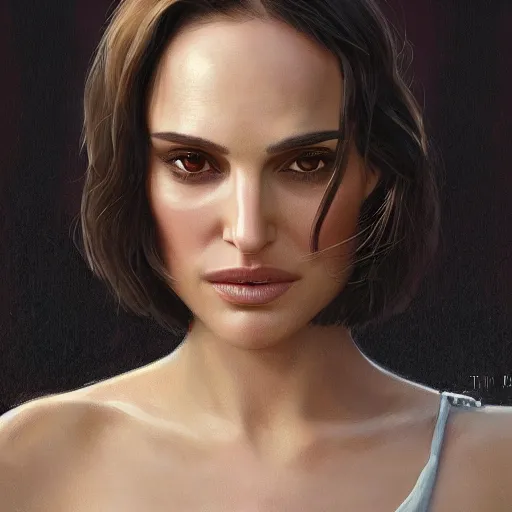 Image similar to closeup portrait of natalie portman, blunt bob, hitman, city background, dramatic light, gorgeous view, depth, high detail, digital art, painted by greg rutkowski and seb mckinnon, by tim burton, trending on artstation