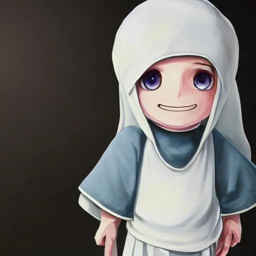 Image similar to little boy wearing nun outfit, white hair, light blue eyes. purple and black color palate, detailed soft painting, made in abyss art style, anatomically correct