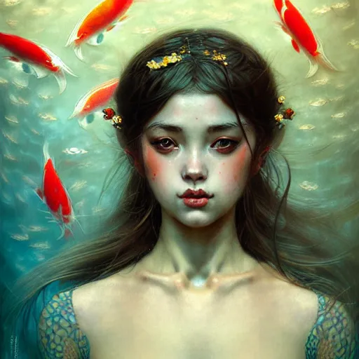 Prompt: Portrait of a girl surrounded by Koi fish, face, fantasy, intricate, elegant, highly detailed, digital painting, artstation, concept art, smooth, sharp focus, illustration, art by Heady Tale and Artem Demura and Norman Rockwell