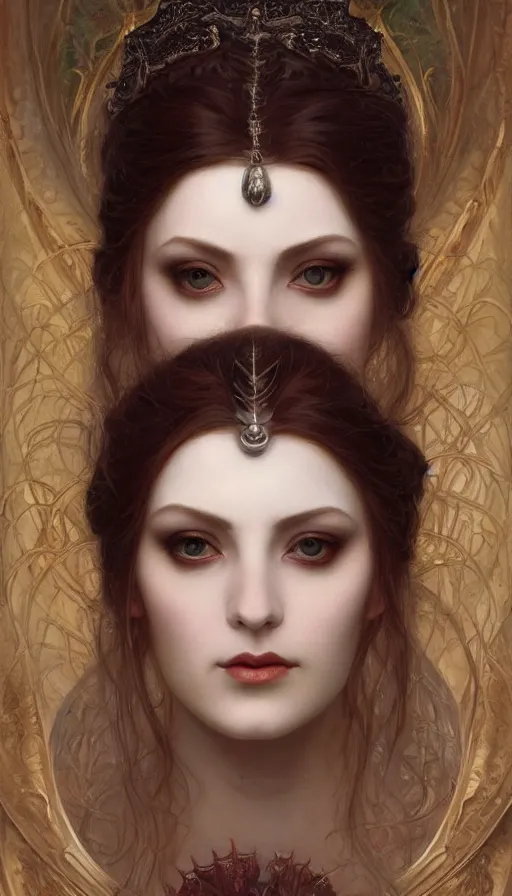 Prompt: Masterpiece painting of beautiful vampire princess close-up portrait by Donato Giancola and Tom Bagshaw, face by Artgerm and Edmund Leighton, golden ratio, trending on cgsociety, intricate, majestic, dark epic fantasy, trending on artstation, by H.R. Giger, background by James Jean and Gustav Klimt, 8k, volumetric Lighting, Hokusai, trending on pixiv