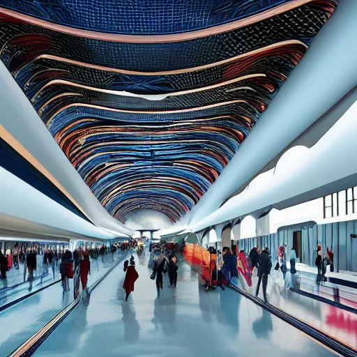 Image similar to elaborate and beautiful train station hall filled with travelers, designed by zaha hadid, bold colored walls, tall ceilings, large windows, lots of bold colors, unique architecture, sunbeams, concept art, illustration, detailed 8k