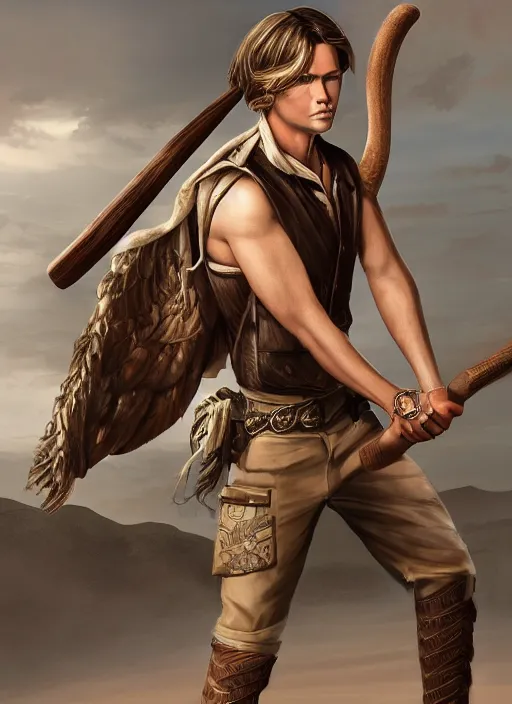 Prompt: a male ranger, dnd, wearing a leather vest and white linen pants, chiseled good looks, long swept back blond hair, puka shell necklace, with a bongo drum and nunchucks, digital art