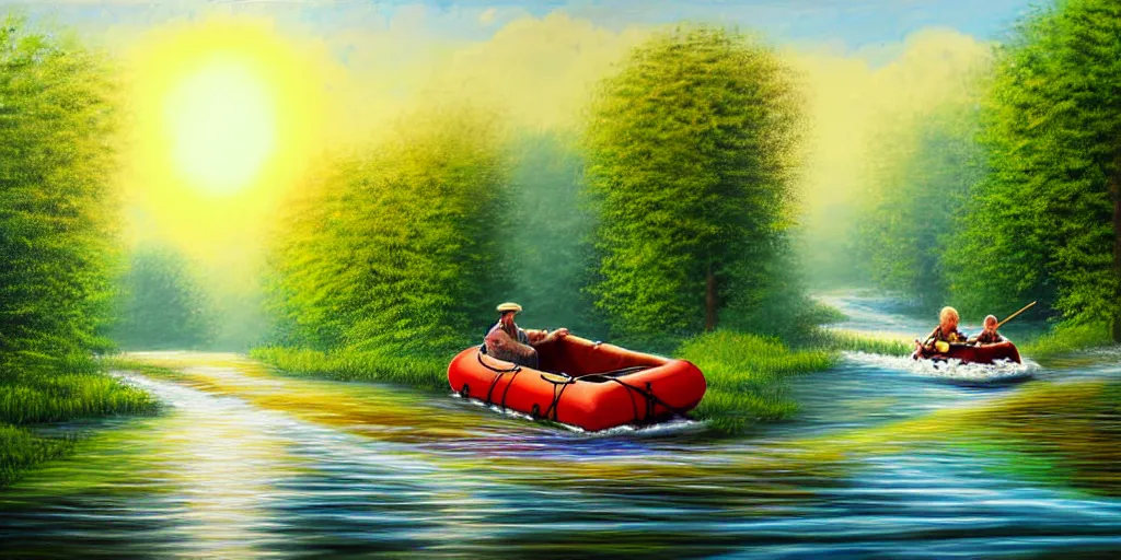 Image similar to A very detailed painting in the style of featuring a river in Europe surrounded by trees and fields. A rubber dinghy is slowly moving through the water. Sun is shining, photorealistic digital art