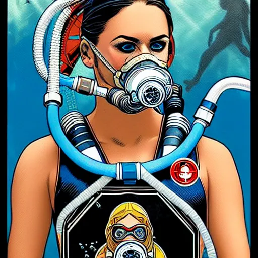 Prompt: tarot card of portrait of a female diver with a oxygen mask intricate detailed mask with front profile by MARVEL comics and Sandra Chevrier