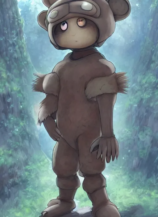 Image similar to beautiful little boy wearing an cyborg bear suit, artwork in kentaro miura and made in abyss and rosdraws and codename : kids next door, smooth, beautiful lightness, anatomically correct, trending on pixiv, forest