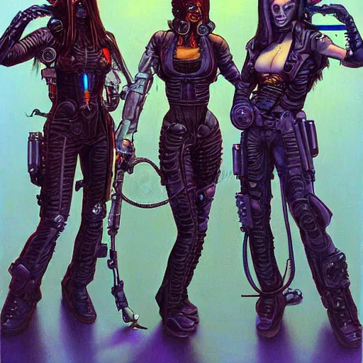 Image similar to portrait of three cyberpunk female outlaws, by gerald brom