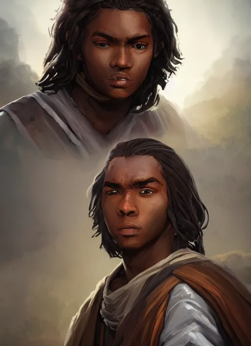 Image similar to An epic fantasy comic book style portrait painting of a young dark skinned long haired boy in plain peasant rags with intelligent eyes in the style of the wheel of time, unreal 5, DAZ, hyperrealistic, octane render, cosplay, RPG portrait, dynamic lighting