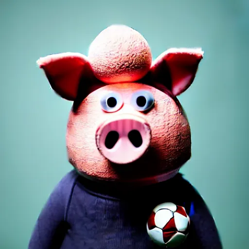 Image similar to studio photograph of a pig wearing a football helmet depicted as a muppet
