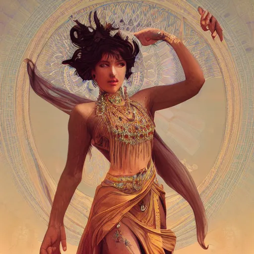 Image similar to a goddess dancing in the desert, symmetrical face, fantasy, intricate and very beautiful and elegant, highly detailed, digital painting, artstation, concept art, smooth and sharp focus, illustration, art by tan zi and ayanamikodon and alphonse mucha and wlop