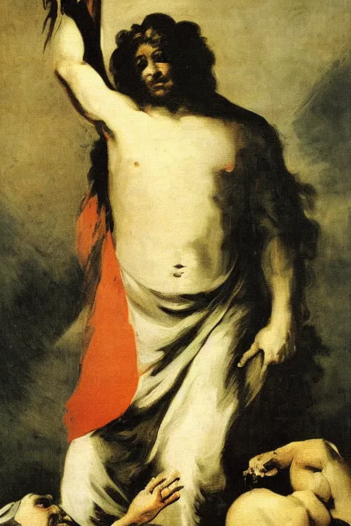 Image similar to francisco goya painting of an evil jesus christ holding corncopia with blood pouring, ominous, unsettling, visible paint strokes, hd image, visible paint texture
