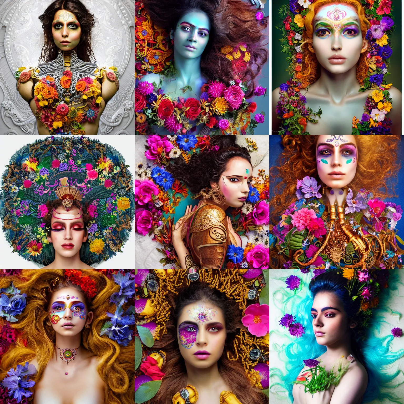 Prompt: a beautiful intricate fine art portrait photo of an indian cyborg with bionic implants, epic wavy hair spread out around her lined with beautiful colorful flowers, lying on a white bed, by natalie shau and james christensen, masterpiece!, top view, studio lighting, golden ratio composition, 3 5 mm lens, deep depth of field, artstation, 8 k