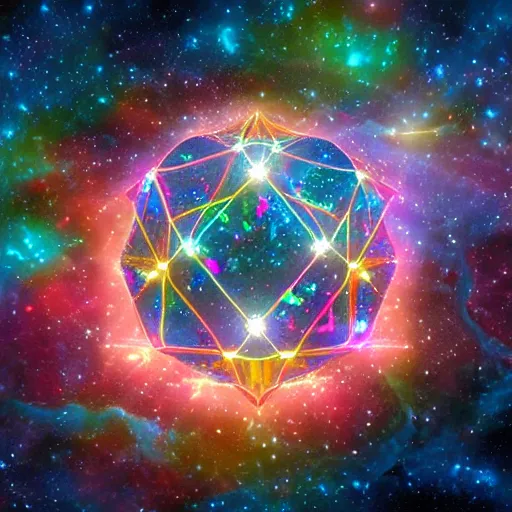 Prompt: icosahedron made of light spinning in space among opal stars and colorful galaxies, trending on artstation